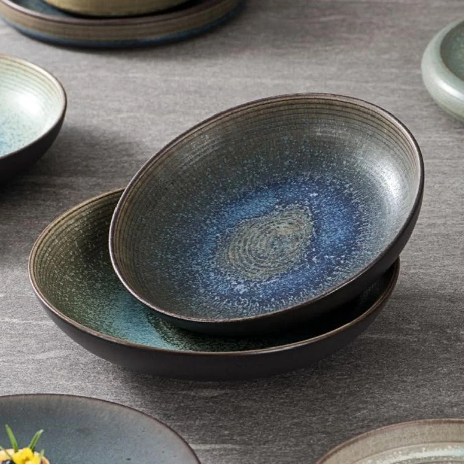 Обеденные фарфоровые тарелки, наборы столовой посуды для отелей, японский ресторан, королевская глянцевая синяя глазурь, кухонная посуда, микроволновая печь, сейф