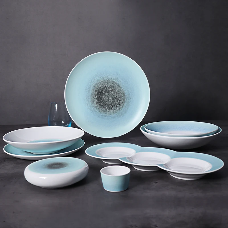 Матовые синие и белые тарелки, витрина с фруктами, тарелка, тарелка для торта, десерта, посуда для ресторана отеля