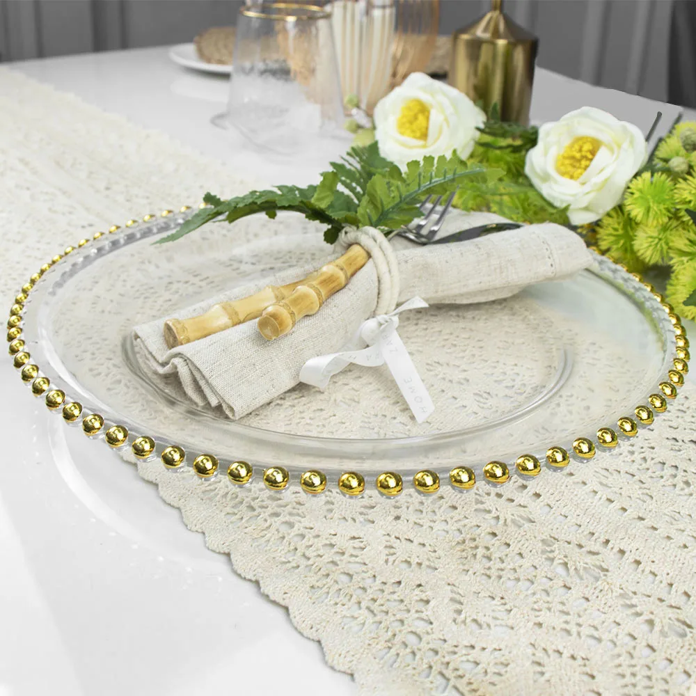 Оптовая продажа, круглые ободки из бисера, стеклянные зарядные пластины с золотыми краями, прозрачные медные винтажные серебряные зарядные пластины, свадебные украшения