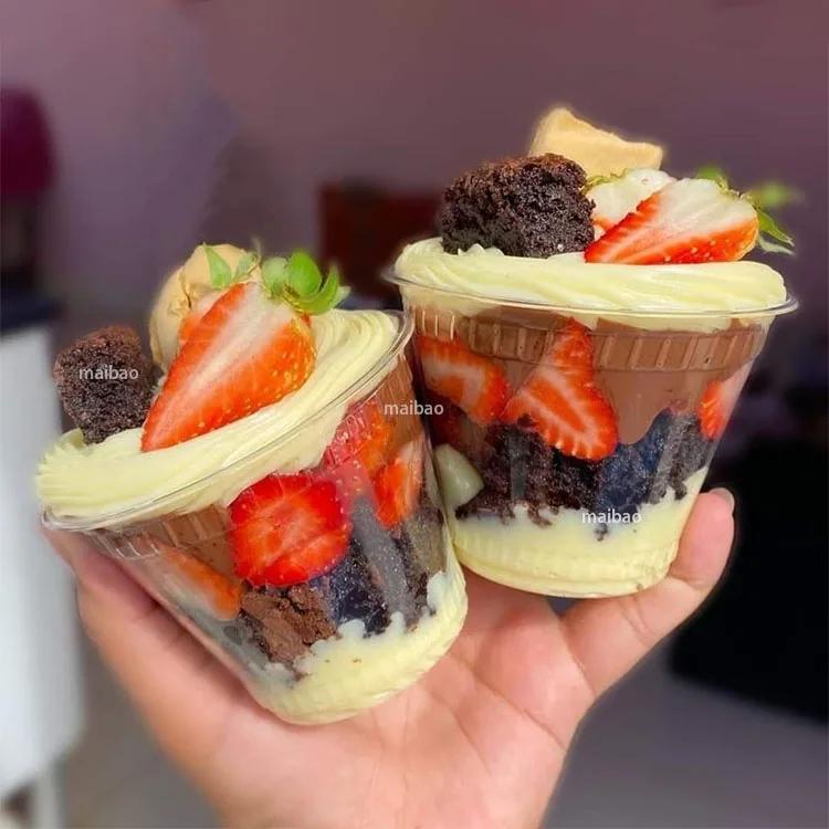 Одноразовые чашки для упаковки мороженого, йогурта, прозрачные чашки для десертного парфе из ПЭТ, пластиковые чашки с логотипом для шоколада и клубники, пластиковые чашки