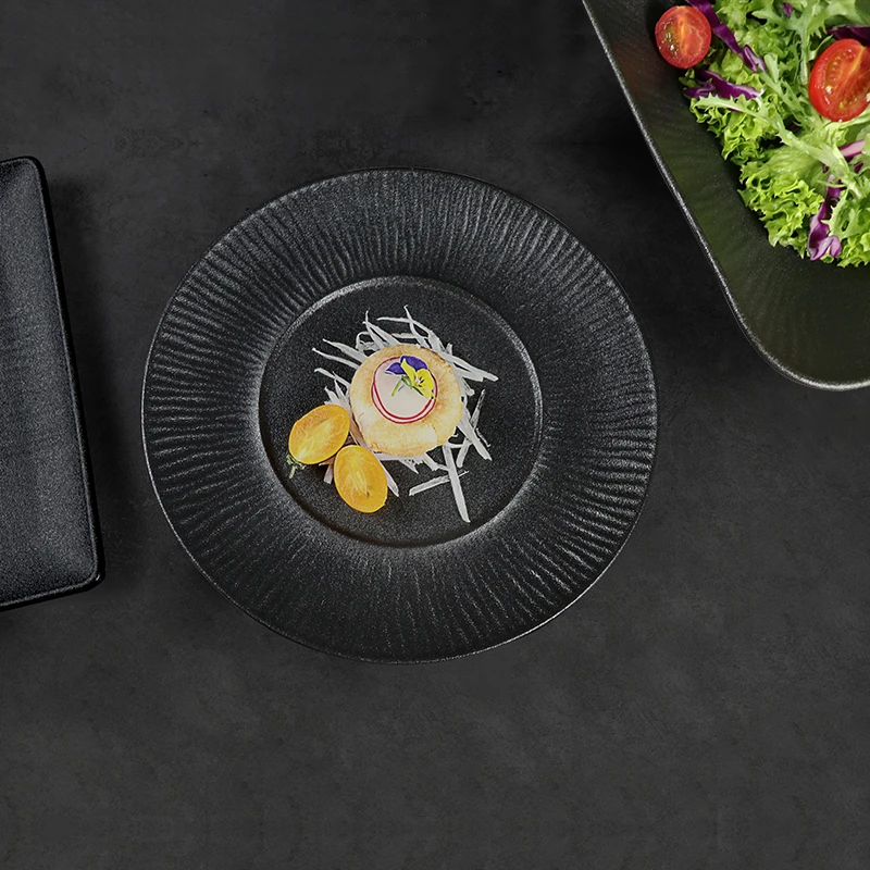 Керамическая посуда с цветной глазурью, черный обеденный набор, тарелка по индивидуальному заказу с логотипом, черные тарелки для ресторана, тарелка для сервировки еды