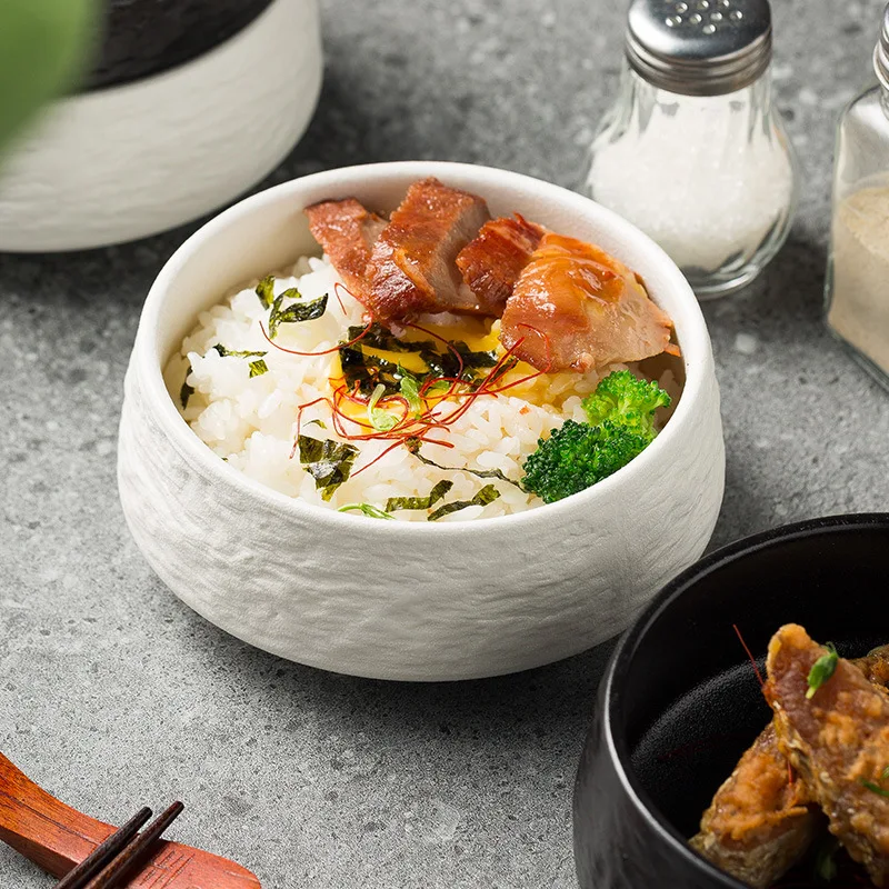 Creative Stone Rice Bowling White Black Round Shaped Ceramic Bowl High-End Restaurant Salad Bowl
