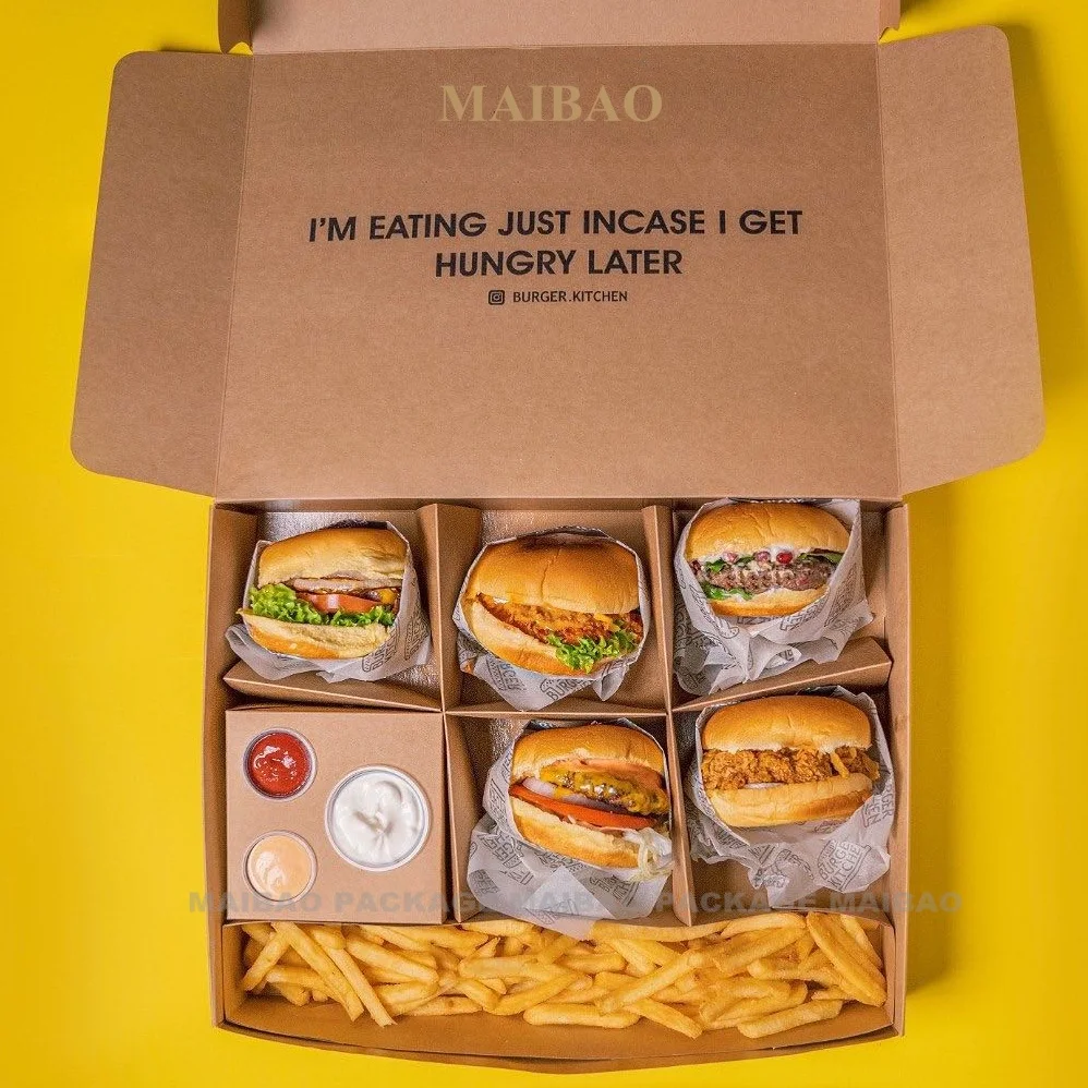 Одноразовый контейнер для пищевых продуктов из крафт-бумаги, упаковка для горячей еды с логотипом, жареная курица, картофель фри, бургер, коробка для еды на вынос