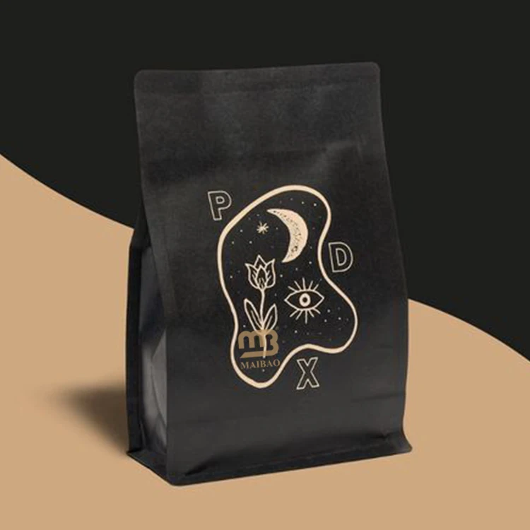 Эко-бумажный пакет с 8 боковыми складками и плоским дном с принтом на заказ для кофейных зерен Персонализированный бумажный пакет для кофейных зерен с клапаном