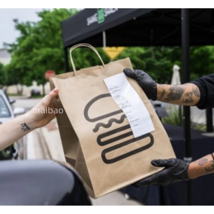 Оптовые коричневые крафт -бумажные пакеты для кофейного бургера фри на выносные пакеты с пищевыми перевозчиками с ручкой на заказ логотип.