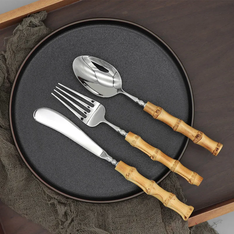 Прямая продажа с фабрики OEM ODM бамбуковый стиль вилка, ложка, нож, набор столовых приборов, столовые приборы для свадьбы, набор столовых приборов