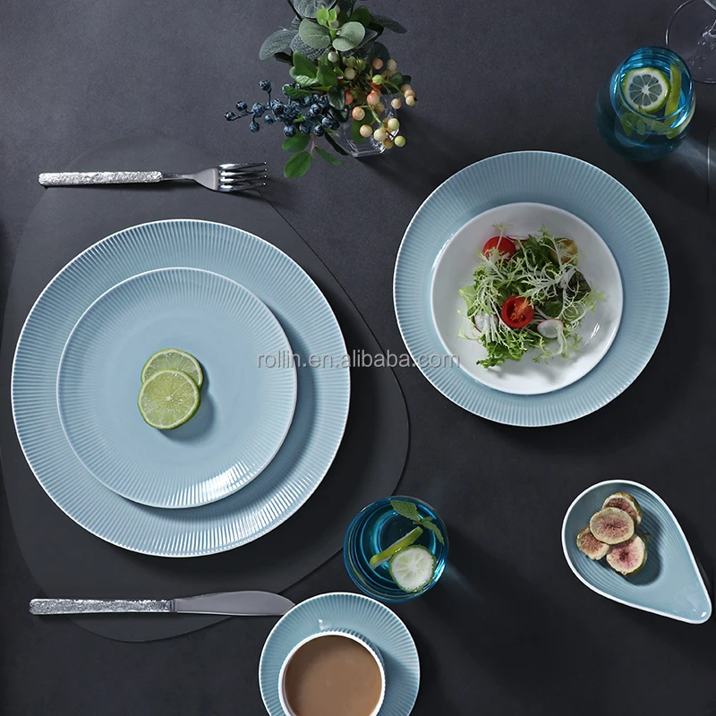 Фабрика Чаочжоу, оптовые услуги, использование для ресторана, синий круглый набор посуды, 9-дюймовые элегантные обеденные тарелки