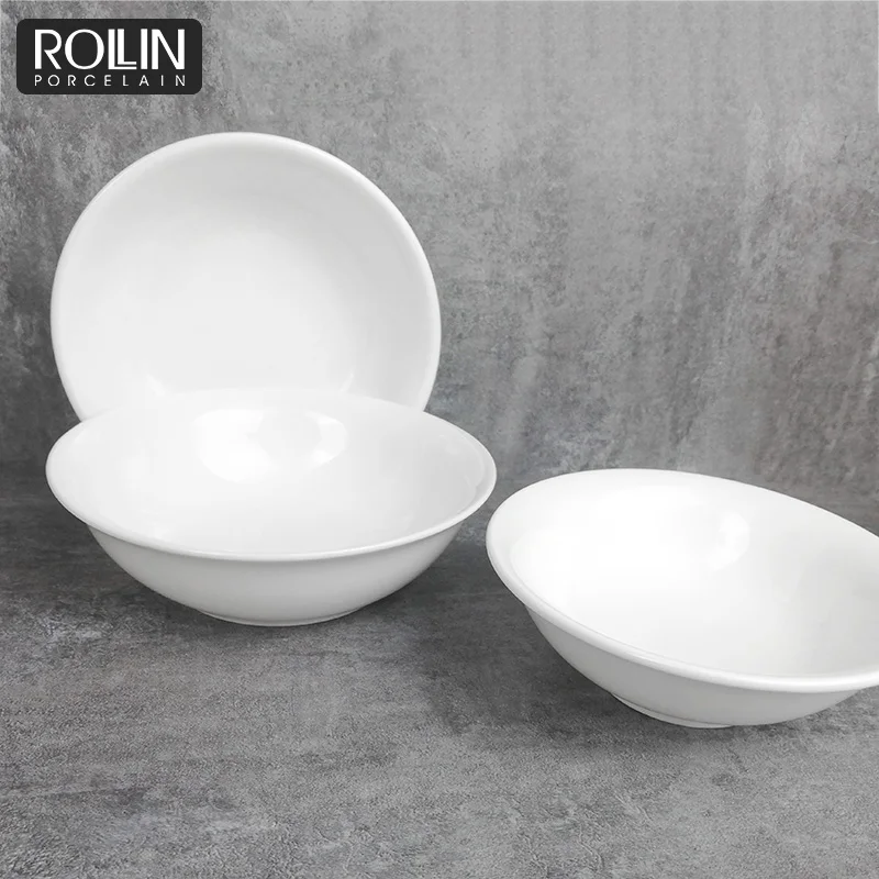 Прямые продажи с фабрики большого количества посуды Белая глубокая тарелка Большая круглая чаша Фарфоровая керамическая чаша, используемая в отеле