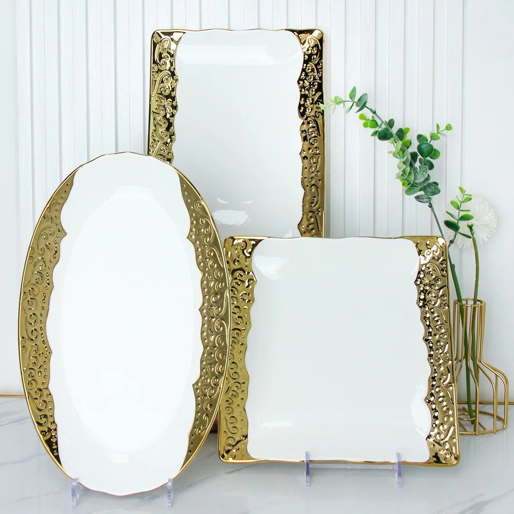 Gold Edged Ceramic Tableware Home Western Food Plate Steak Fruit Salad Bowl  Luxury Dinnerware Set Wedding Restaurant  Dishes