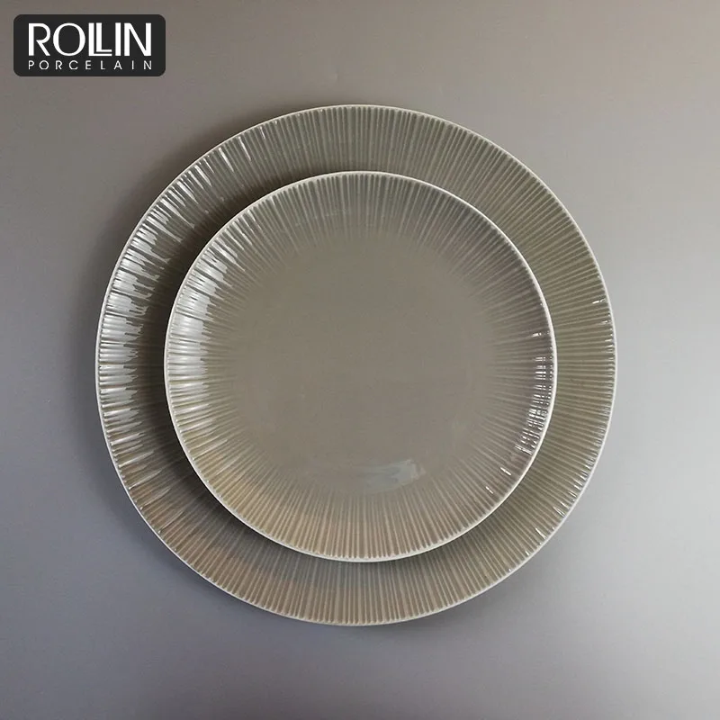 Элегантная обеденная тарелка для отеля, костяной фарфор, серая глазурованная посуда