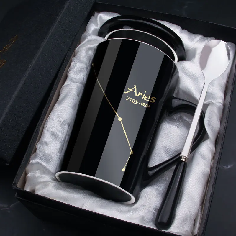 Custom Novelty Gift Zodiac Sign Porcelain Coffee Cup 12 Constellations Ceramic Mug Drinking Cups With Lid Spoon