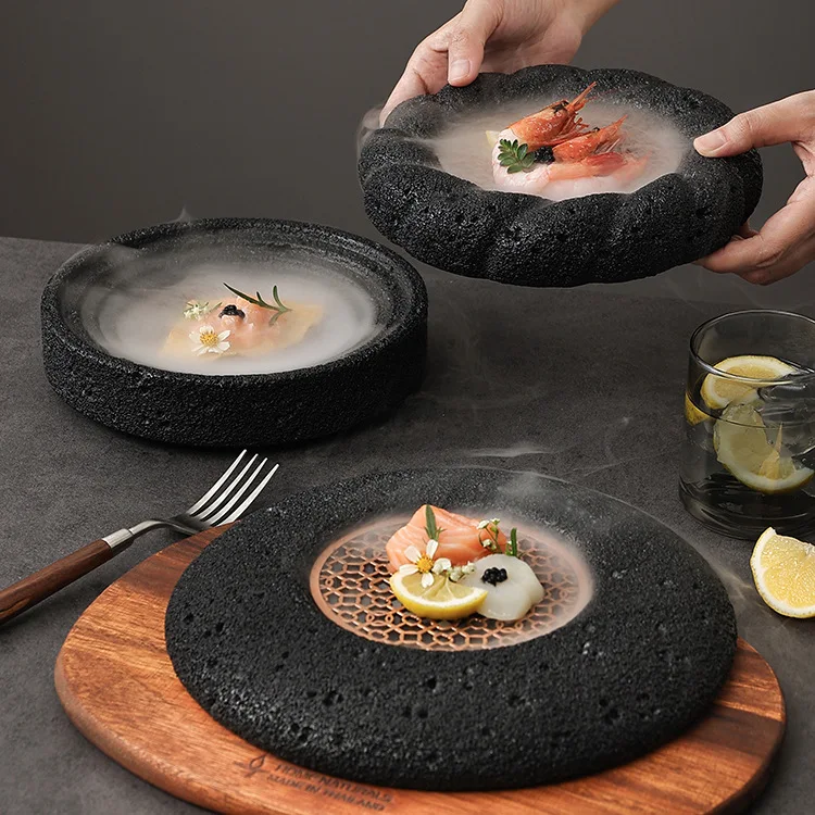 Japanese Artistic Concept Ceramic Bowl Eco-Friendly Volcanic Stone Hotel Tableware Planet-Shaped Ice Plate for Sushi Seafood