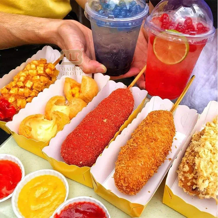 Оптовые картонные коробки для общественного питания пищевого качества Эко одноразовые поднос для фаст-фуда для хот-догов на вынос с логотипом Custom Print Corn Dog Box