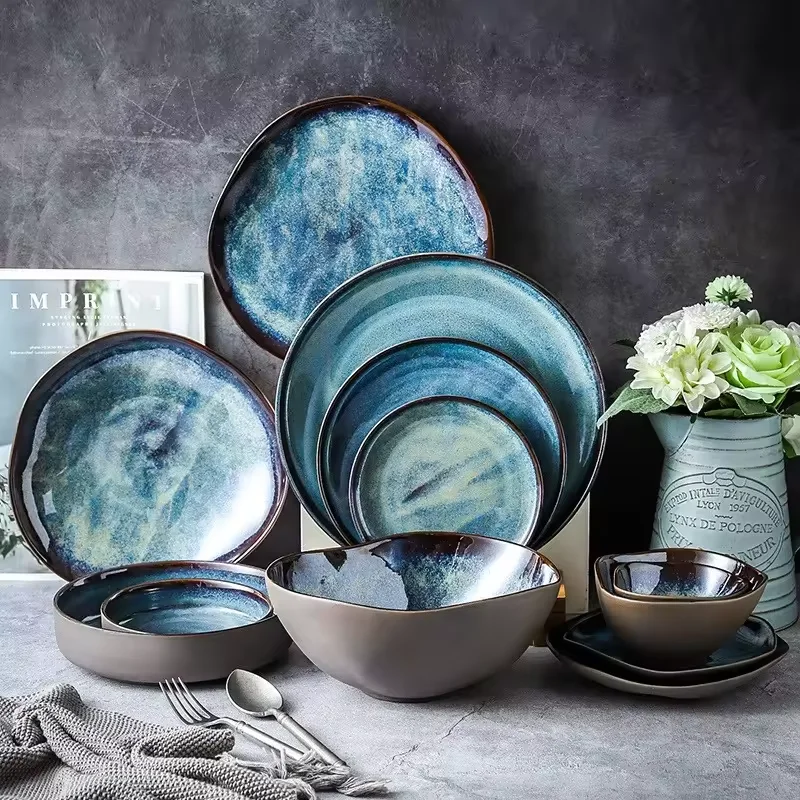 High Quality Wholesale Bowl Ceramic Bowls 2024 Restaurant Crockery Porcelain Plates Sets Dinnerware Stoneware Blue Dinner Set