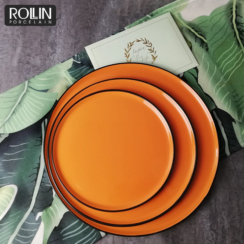 Тарелка на заказ, оранжевая фарфоровая круглая тарелка для десерта с черной каймой