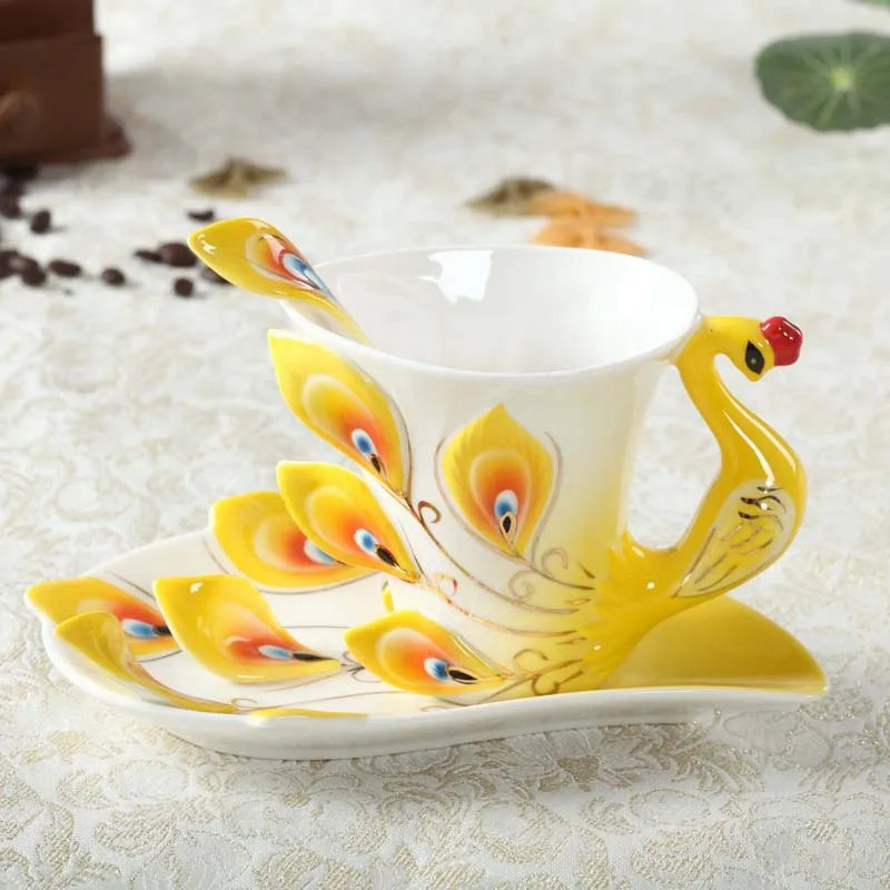 High Quality Relief Peacock Ceramic Tea Cup With Spoon Saucer Luxury Style Coffee Cup Porcelain Milk Cup Wholesale
