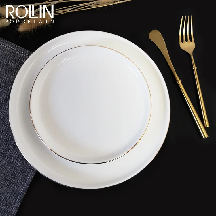 Белая тарелка, фарфоровая золотая оправа, белая обеденная тарелка, керамический набор столовой посуды для ресторана
