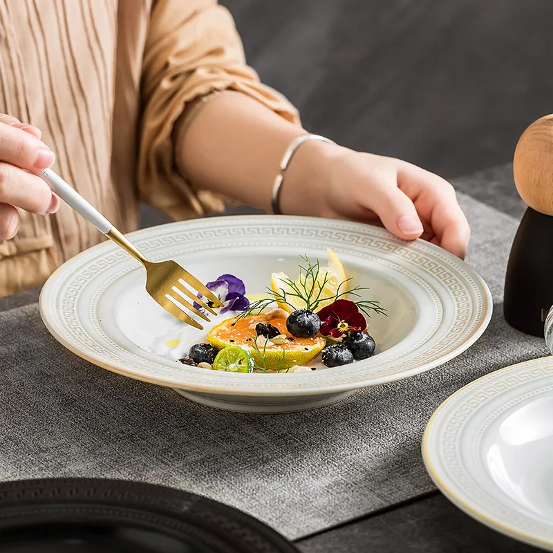 Vintage Embossed Stoneware Dinnerware Sets Black White Crockery Relief Cups Dishes Plates and Bowls Set Ceramic Tableware Sets