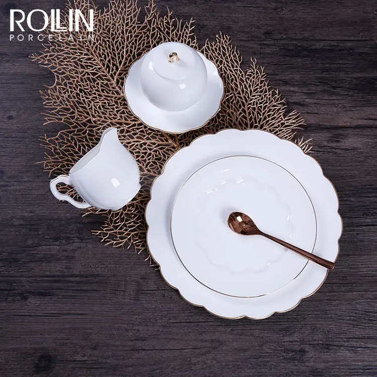 Новый дизайн тарелки из костяного фарфора Тонкие обеденные тарелки из костяного фарфора с золотой оправой Белый обеденный сервиз с золотой оправой для пятизвездочного отеля