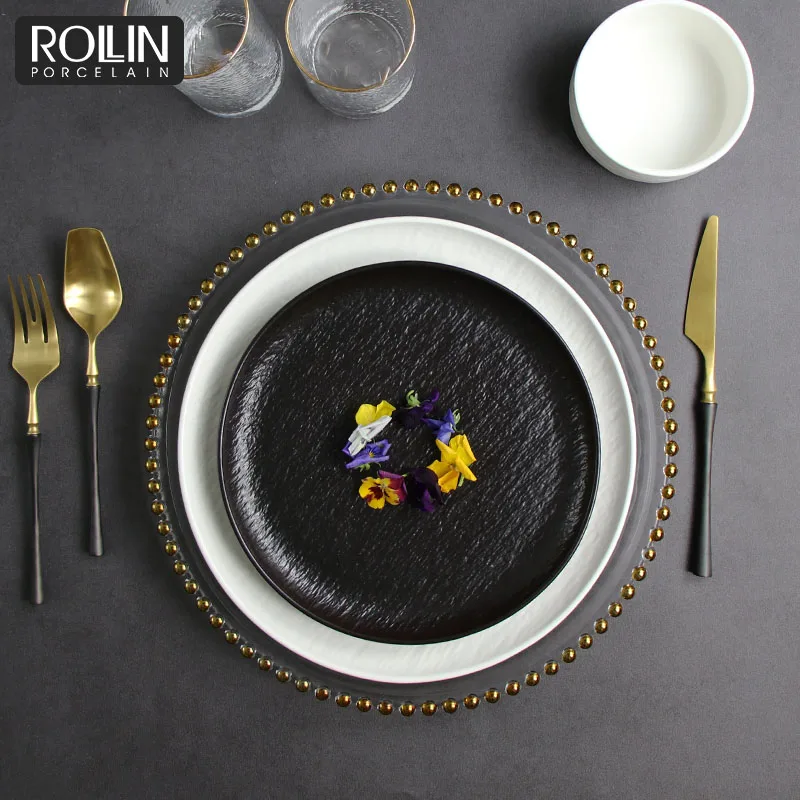 Гуанчжоу Новый фарфоровый цветной фарфоровый сервиз Белый Черный Столовый сервиз для поставщика отелей Ресторанная посуда Набор тарелок Посуда