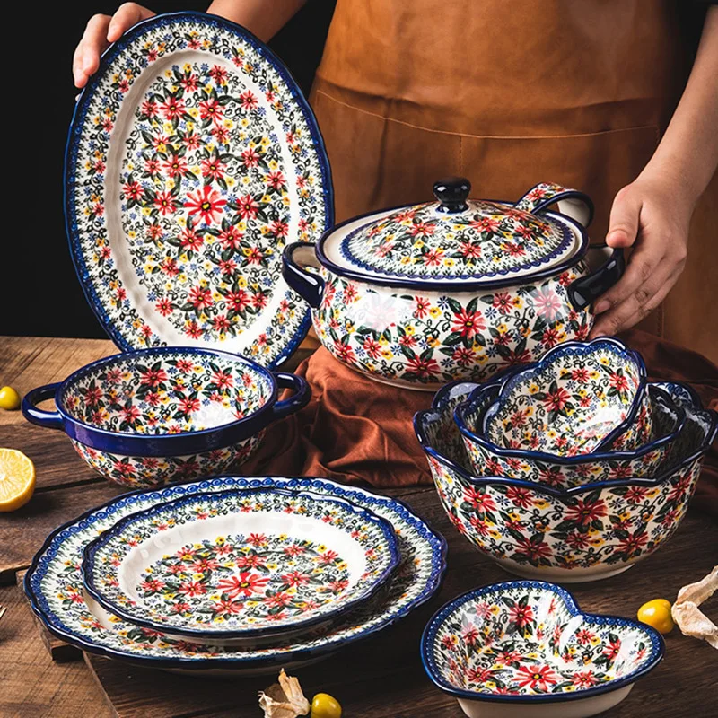 Retro Bohemian Daisy Floral Under Glazed Dim Sum Plates and Bowls Set Ceramic Porcelain Salad Bowl Baking Pan Dinner Set