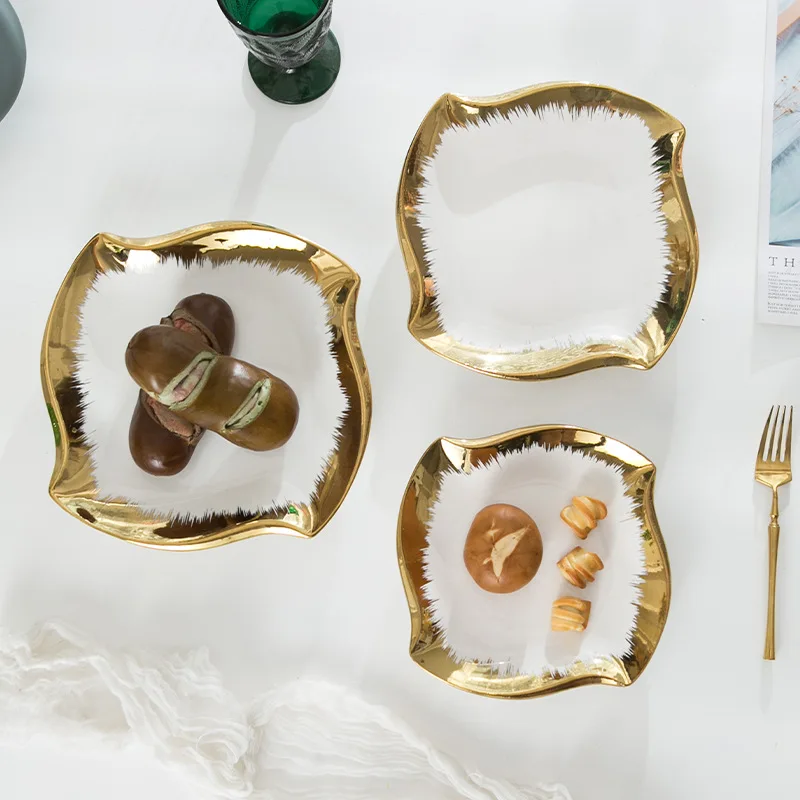 Nordic Luxury Gilt-Edged Ceramic Plate Modern Dim Sum Fruit Breakfast Dishes Salad Cake Steak Plate Home Use Restaurant