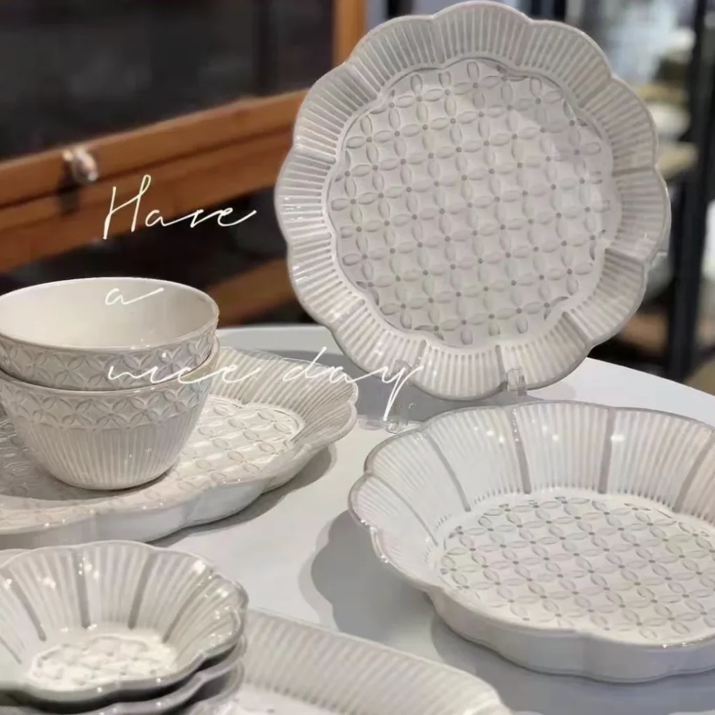 Nara Snow Embossed Ceramic Dinnerware Set Square and Oval Plates & Bowls Eco-Friendly for Home Use