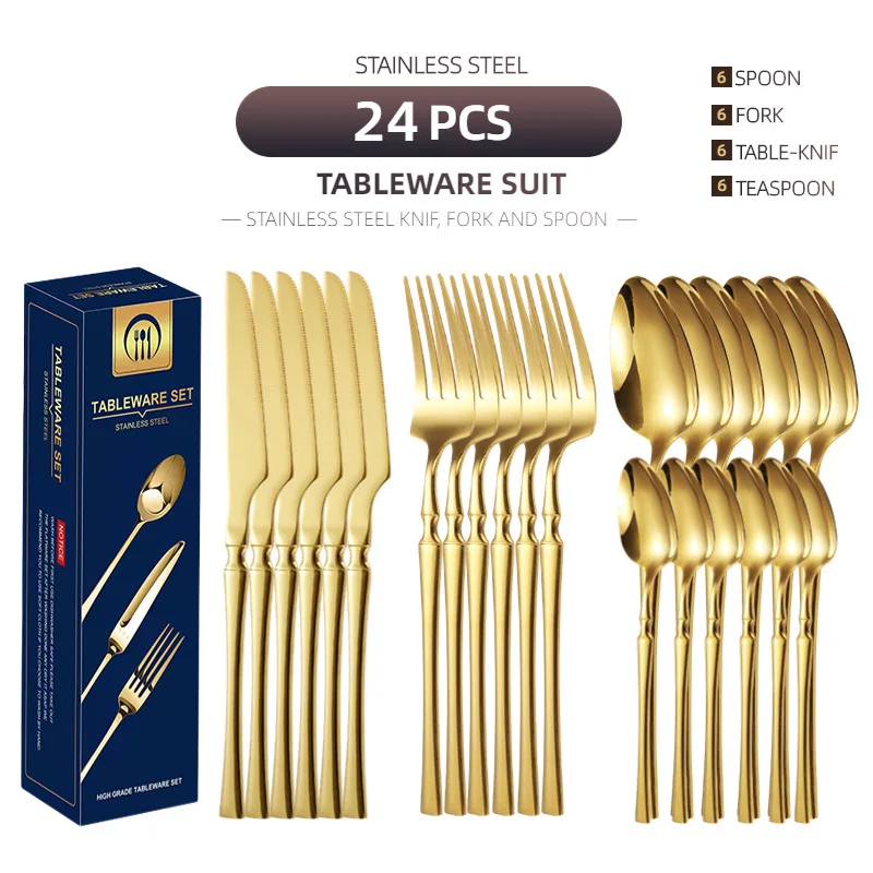 24 Piece Stainless Steel Steak Gold Silver Plated Knife Fork Coffee Spoon Set Hotel Nordic Cutlery