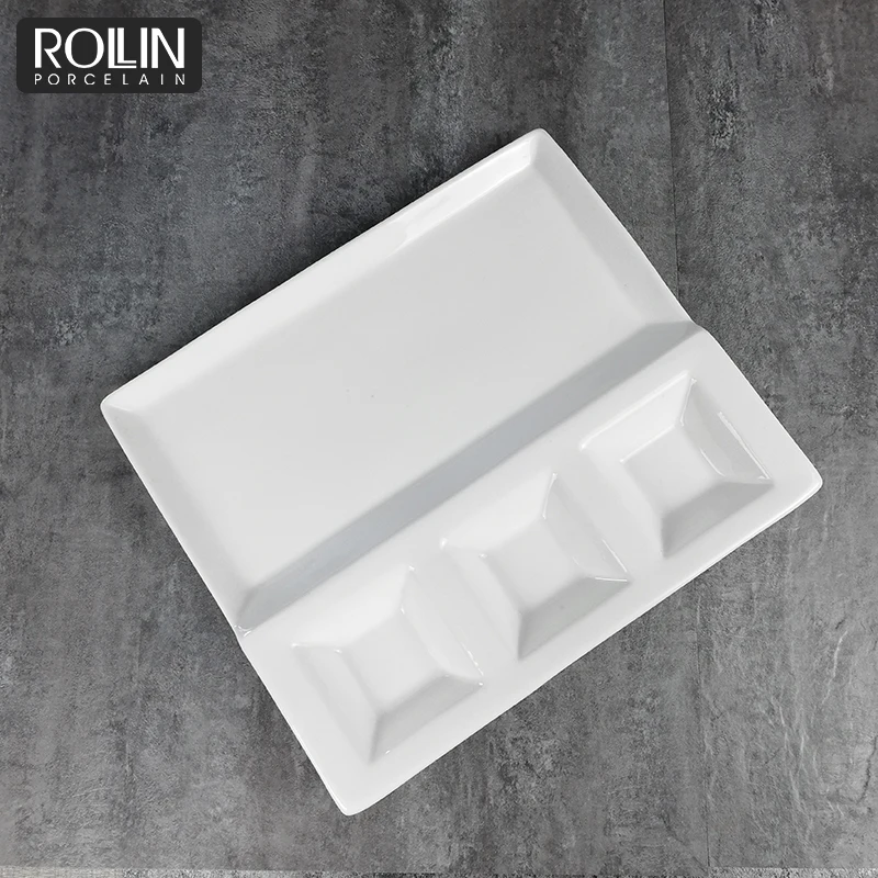 Китай оптовая продажа обеденная тарелка ресторан отеля на заказ белый разделенный фарфоровый поднос для обеда керамические тарелки для сервировки еды