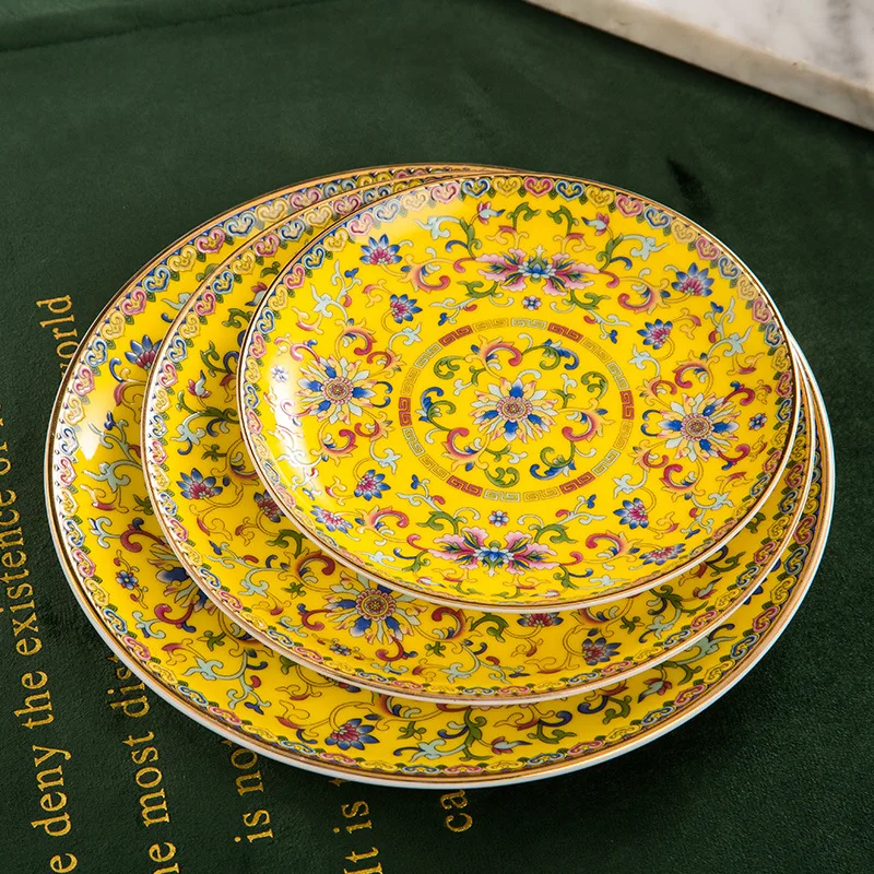 Vintage Enamel Glazed Bone China Flat Plates Round Ceramic Platter Luxury Serving Dinner Dishes and Plates