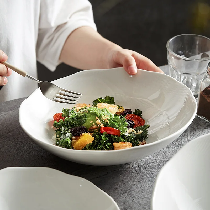 Round Rock Stone Pattern Rice Bowl White Porcelain Noodle Soup Salad Bowls