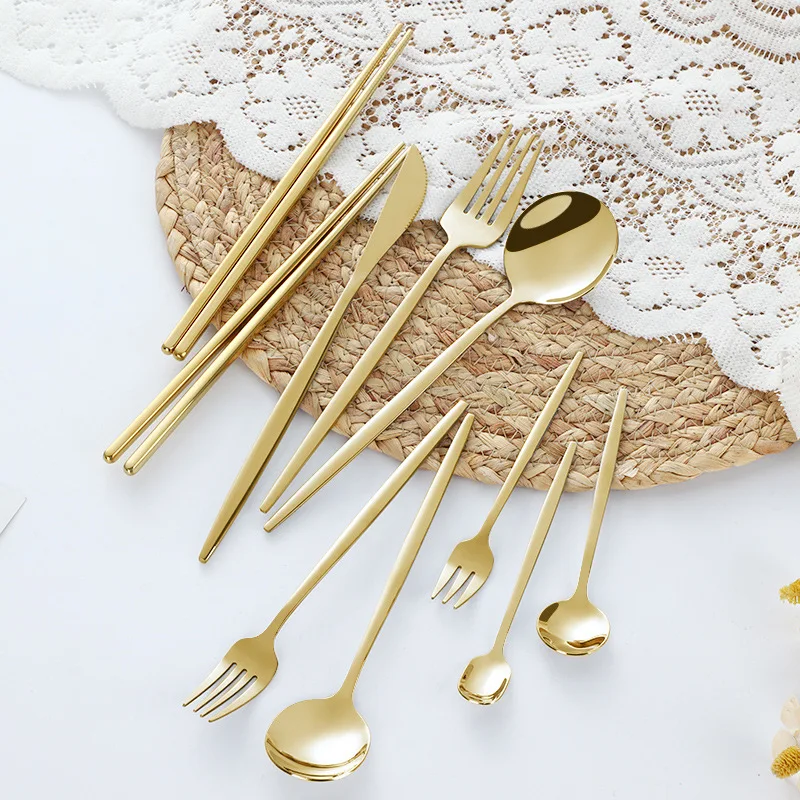 Wholesale Stainless Steel Knives Forks Spoons  Western Tableware Gold-plated Dessert Chopsticks Spoon and Fork Set Stainless