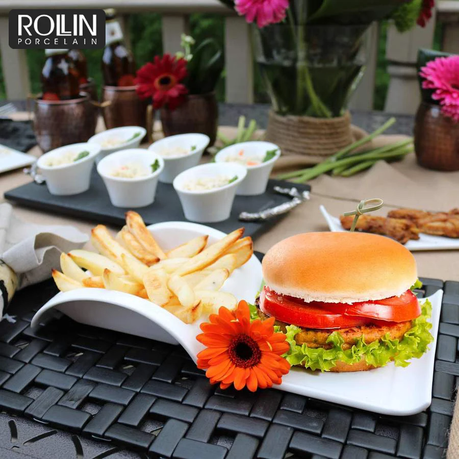 Новый дизайн белой фарфоровой тарелки с гамбургерами и картофелем фри для отелей и ресторанов