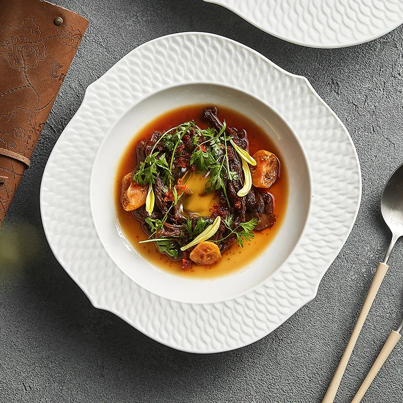 High-Grade Custom White Ceramic Dinner Plates Eco-Friendly Sustainable Home Soup Bowls for Porcelain Cutlery Party Rice Food