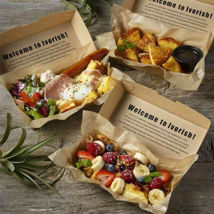 Изготовленная на заказ круглая крафт-упаковочная коробка для ресторана, общественного питания, одноразовая биоразлагаемая квадратная пищевая бумажная коробка для фаст-фуда