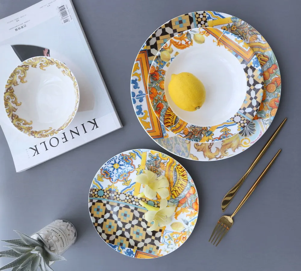 Nordic Style Sicilian Series Ceramic Plate and Bowl  Colorful Art Tableware Combination Dinnerware Sets for Restaurant Household