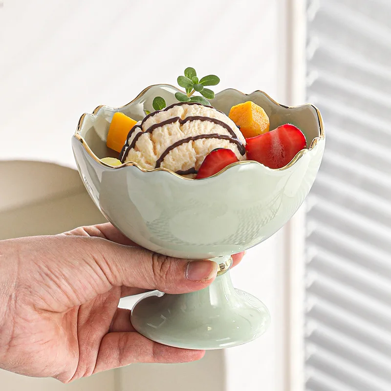 Ceramic Gold Rim Ice Cream Ice Cream Bowl Macaron Simple Salad Bowl Tall Design Feeling Dessert Bowl