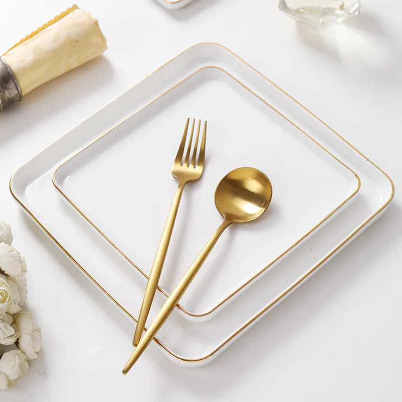 Hot Selling Gold Edged White Dining Plates Minimalist Latest Ceramic Western Food square Plates Steak Plates Wholesale
