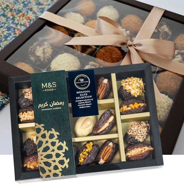 Оптовая продажа, роскошная коробка для шоколадных фиников с открытым окном для Рамадана, упаковочная бумага, коробка для упаковки пищевых продуктов, свежие финики, коробка для печенья с сухофруктами