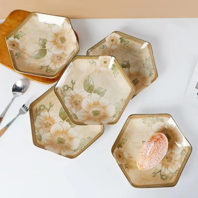 Wholesale 9-Inch Camellia Flower Antique Ceramic for Household Commercial Underglaze Color Hexagonal Plate Deep Dish