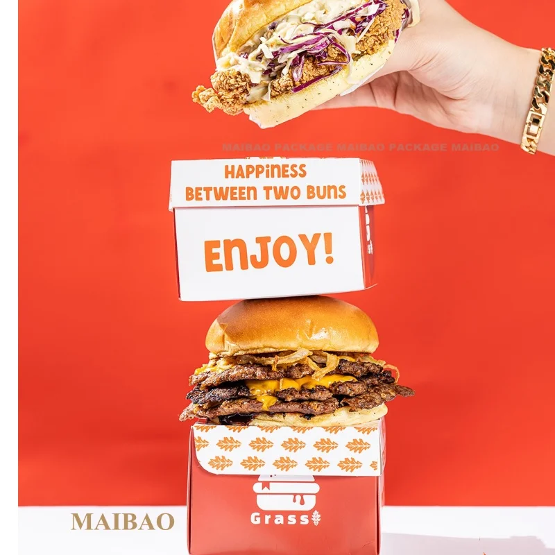 Печатный эко-биоразлагаемый картофель фри, гамбургер на вынос, упаковка для жареной курицы, изготовленная на заказ коробка для бургера из белой крафт-бумаги