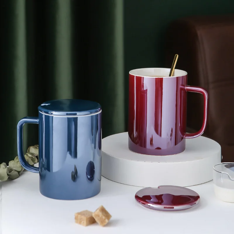 Luxury Glazed Ceramic Coffee Mug Mirror Glossy Drinking Cup Mugs With Lid for Couple
