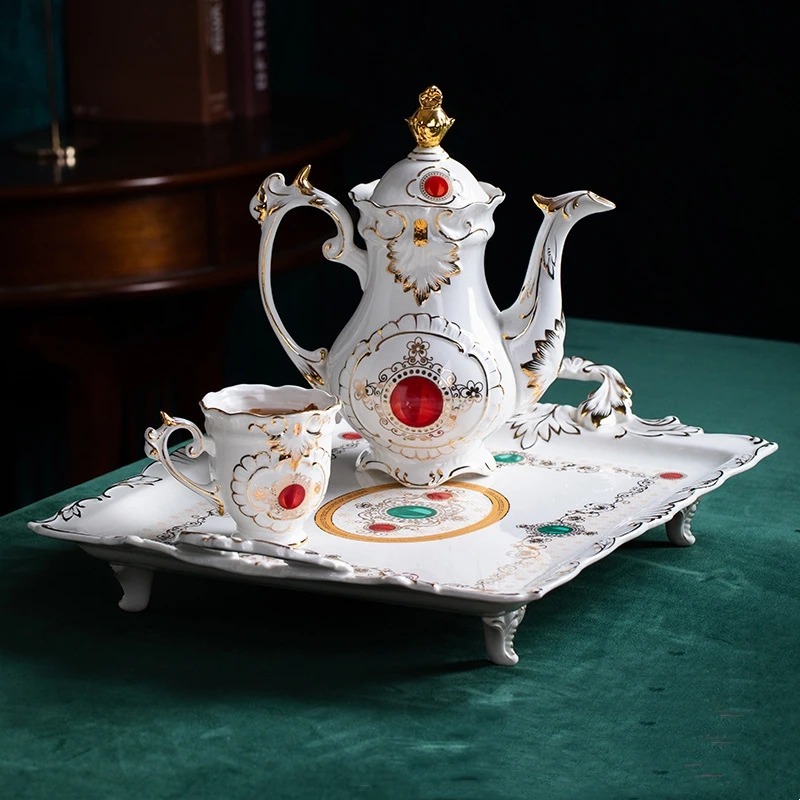 8 Pcs Hot Selling Exquisite European Style Luxury Afternoon Ceramic Tea Set Arabic Tea Cups Set Tea Sugar Milk Pot With Tray