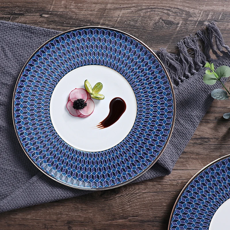 Роскошная посуда с золотой оправой, костяные фарфоровые тарелки, синие роскошные обеденные тарелки для отеля