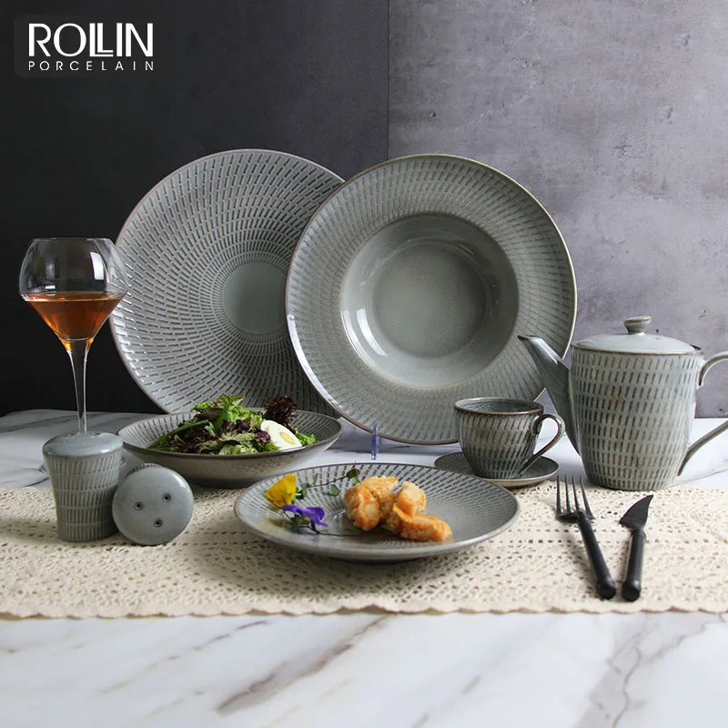 Фарфоровые тарелки серого цвета для печи, наборы столовой посуды, скандинавские керамические сервизы для столовой для отелей и ресторанов