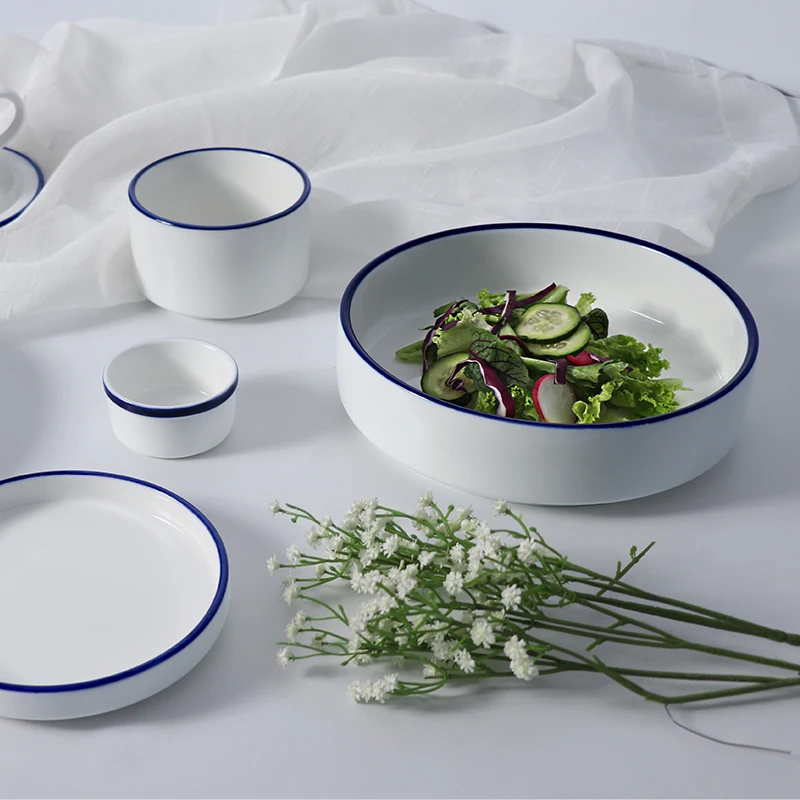 Оптовая продажа обеденной тарелки, белая и синяя посуда для ресторана, фарфоровая суповая тарелка на 50 унций для ресторанов
