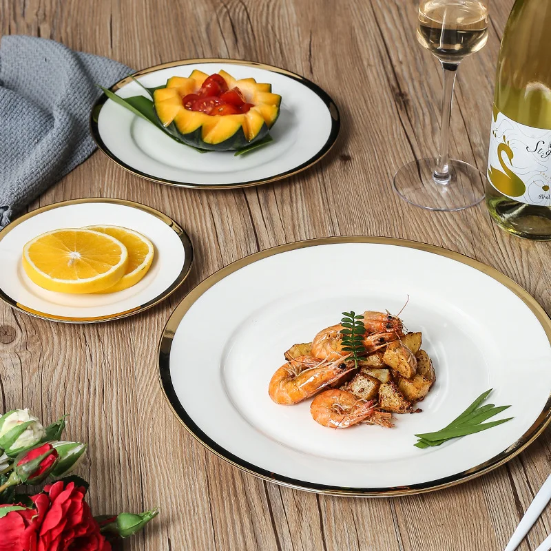 Home Creative Gold Classic Design Porcelain Dinnerware Set Flat Breakfast Plate for Restaurants Camping Ceramic Hot Sale