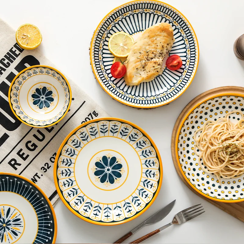 Hot Selling Nordic Style Bohemian Ceramic Tableware Set Bowls & Plate & Soup Ladle Dishes Tableware for Household Party