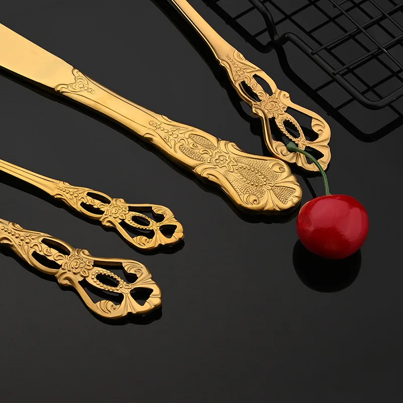 Luxury 5-Piece Stainless Steel Cutlery Set Hollow Silver and Gold Retro Western Tableware for Coffee Steak Knife Fork Spoon