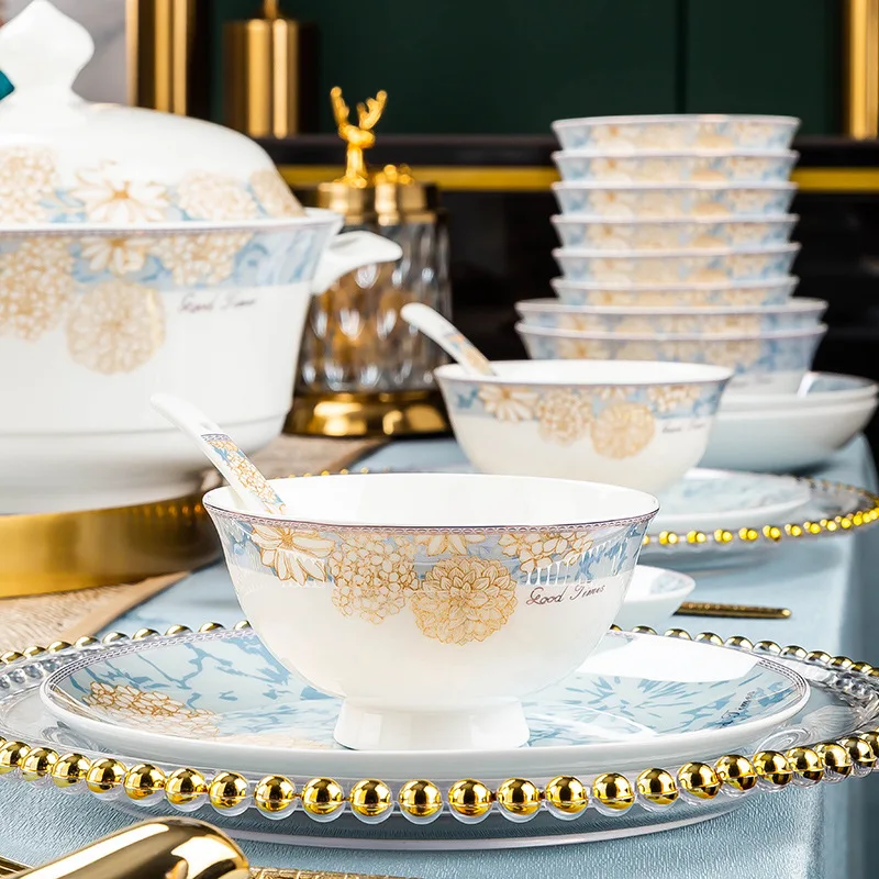 Modern Light Luxury Flower Patterned Tableware Bone China Dinnerware Sets Ceramic Plates and Bowls Set Ceramic Dishes